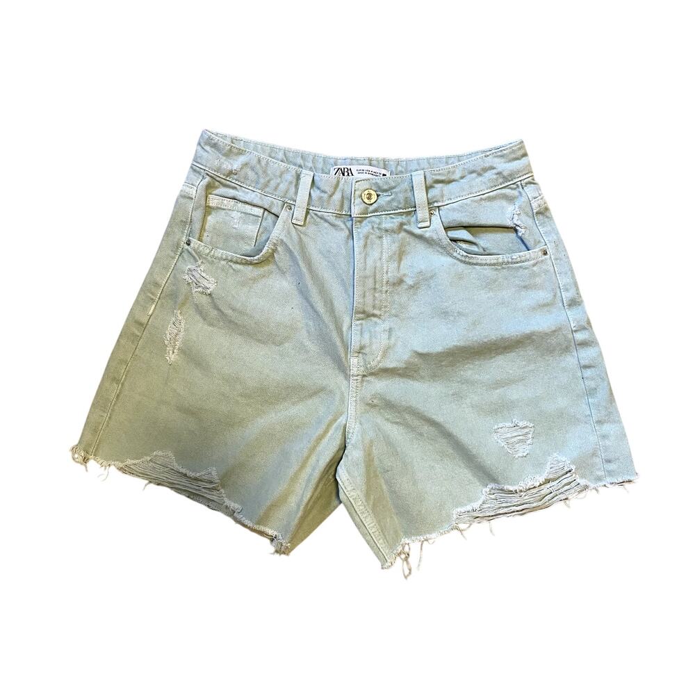 ZARA Women's Size 4 Mint Pale Green Distressed High-Waisted Denim Shorts